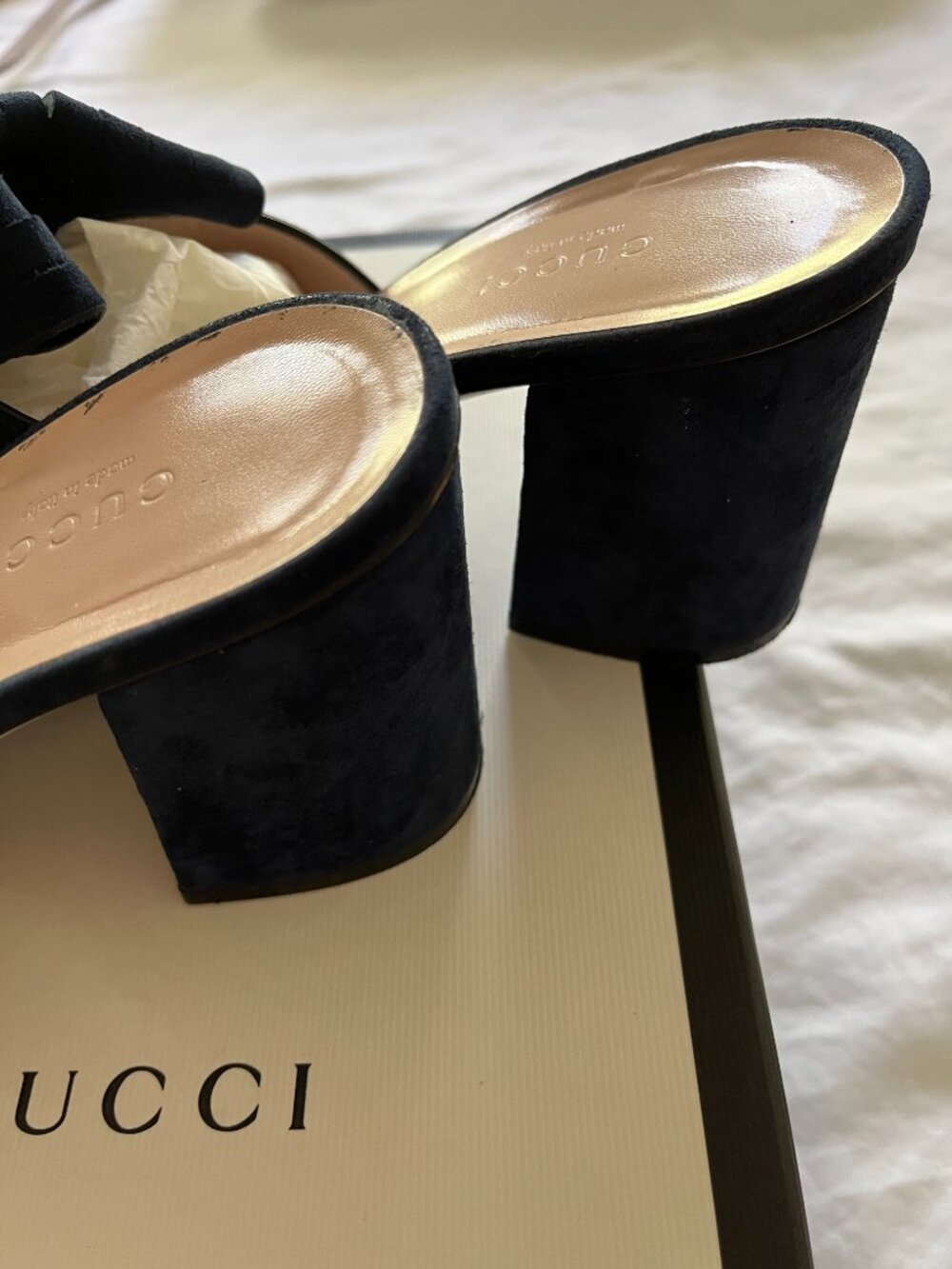 Gucci GG Marmont Fringe Suede Mule Sandals Blue Ink 38.5 w/ Box Dust Bag - Picture 3 of 10